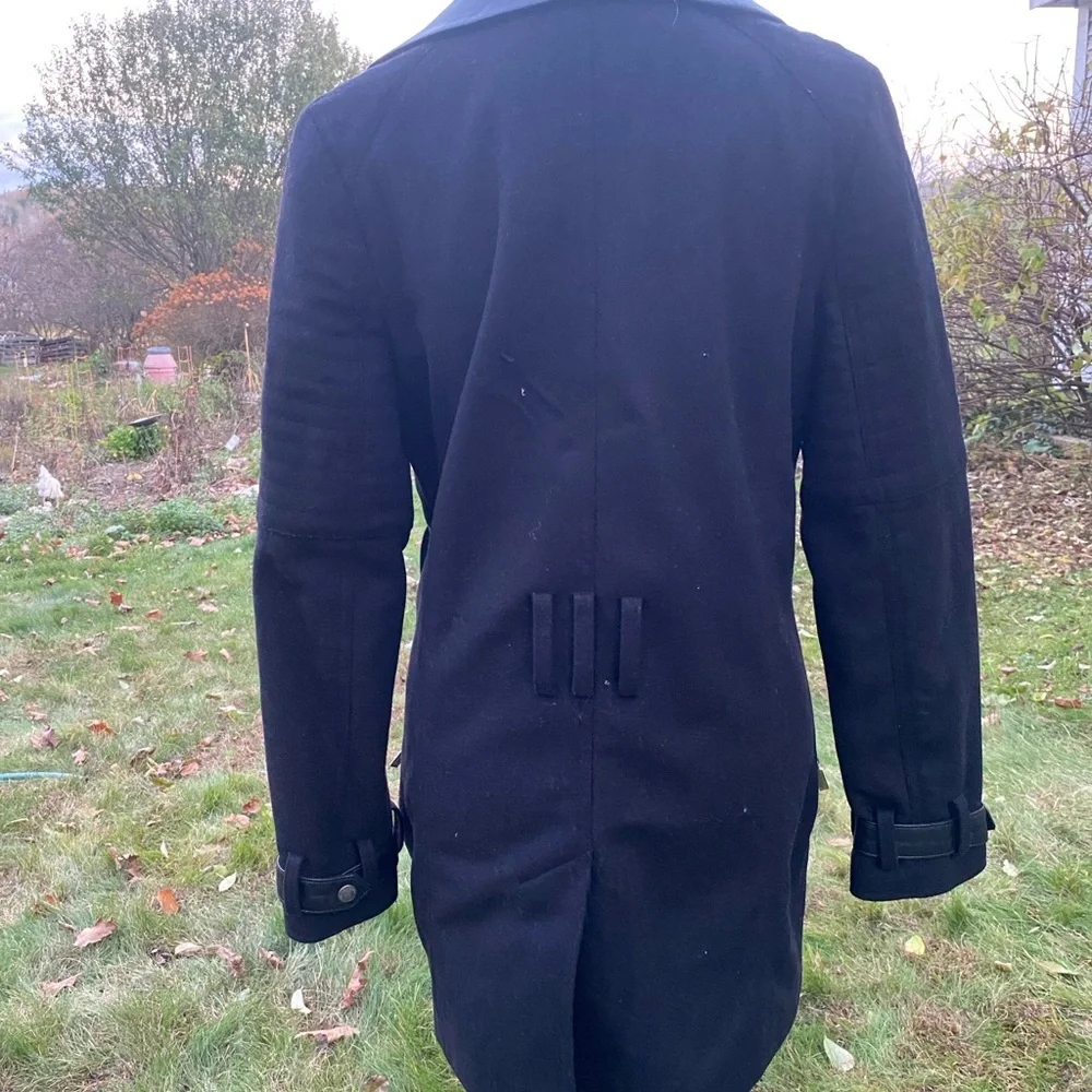 Barbour Black Wool Trench Coat Leather Collar Women's Size 4 - Picture 3 of 14